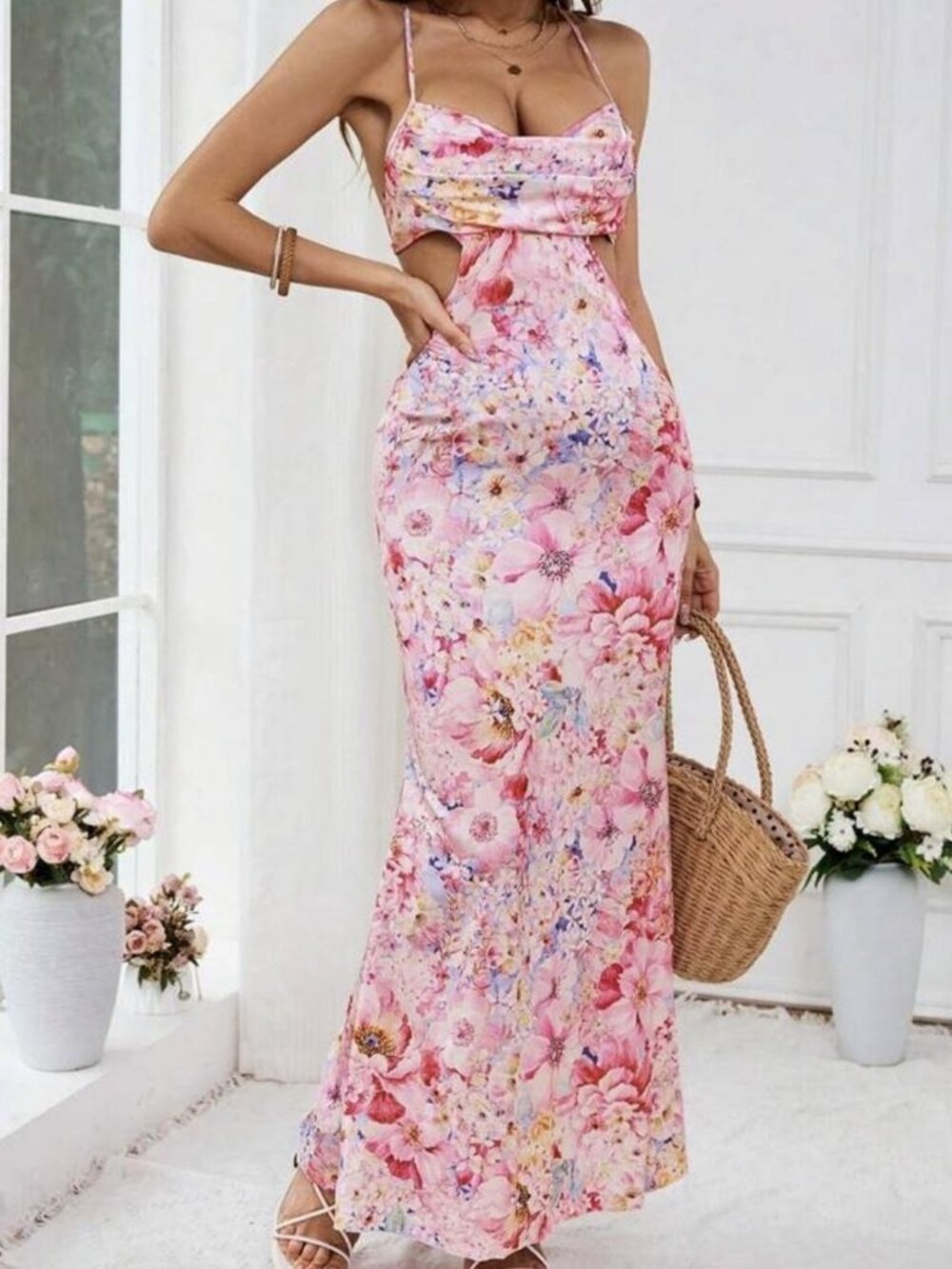 Pink floral maxi dress with cut out detail from Shein